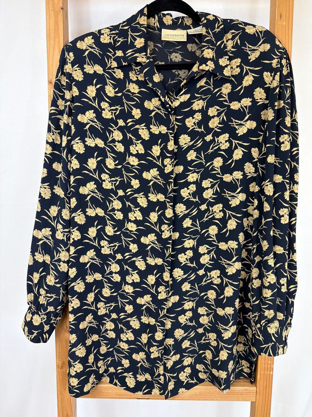 Liz Claiborne Floral Blouse Black Tan Long Sleeve Button Down Shirt Size 4 XS